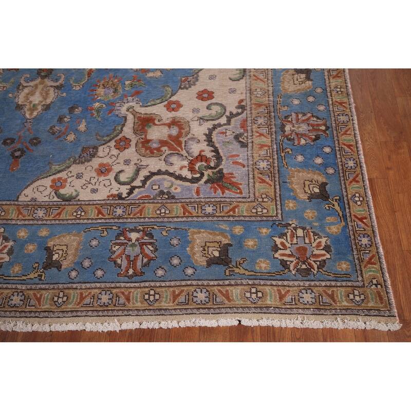 Distressed Blue Tabriz Vintage Persian Area Rug Handmade Wool Carpet - 8'1" x 11'2"