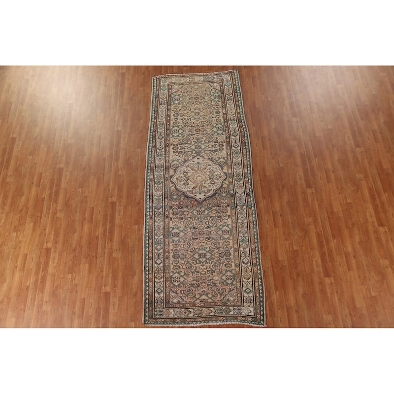 Geometric Hamedan Persian Runner Rug Hand-knotted Vintage Wool Carpet - 4'0" x 10'7"