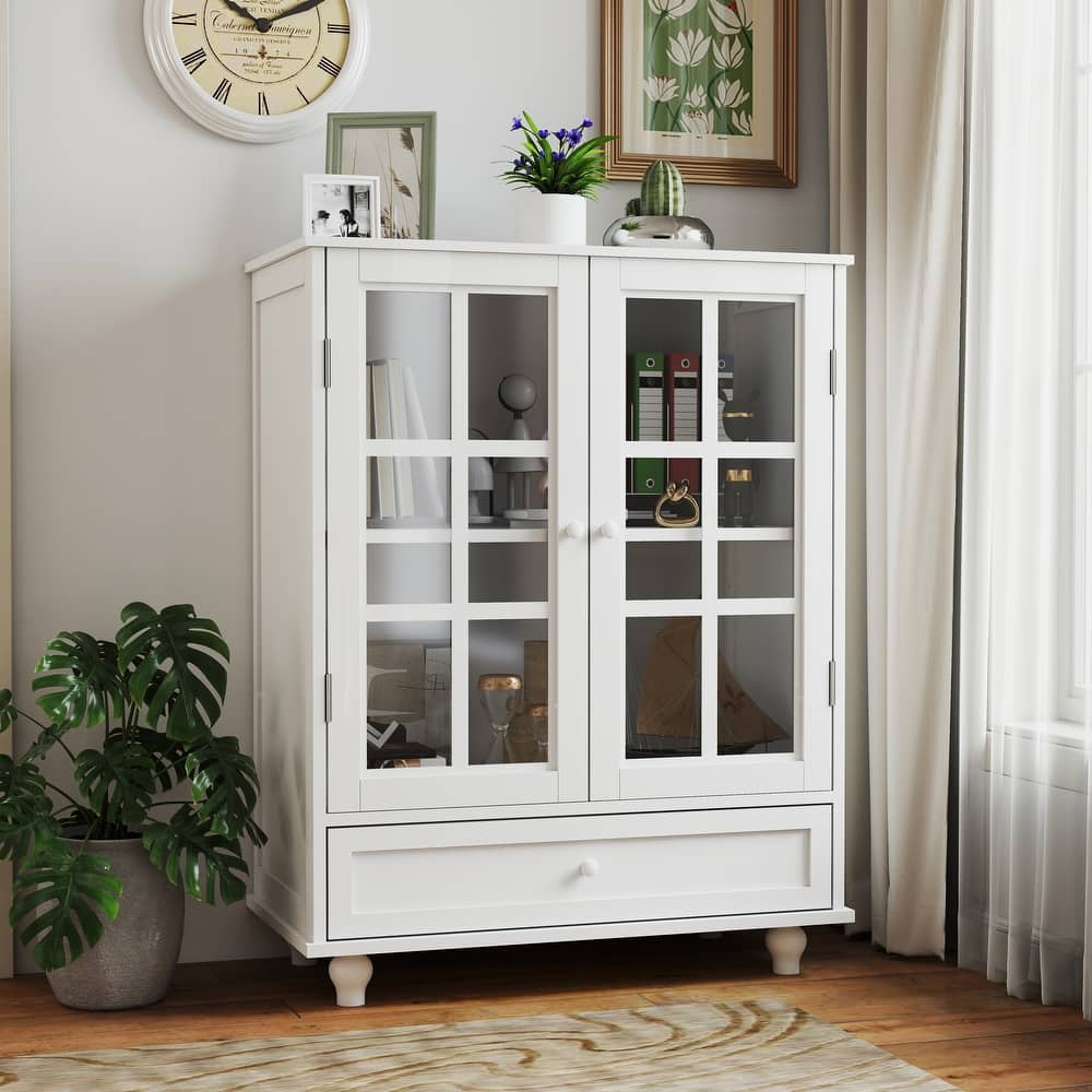 GDFStudio - Lillian Buffet Cabinet with Glass Doors, Drawer, and Adjustable Storage