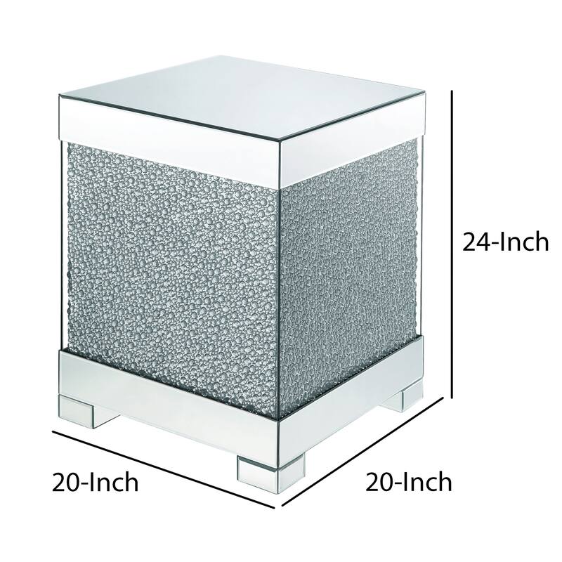 Contemporary Square Wooden End Table with Faux Crystal Inlays, Silver