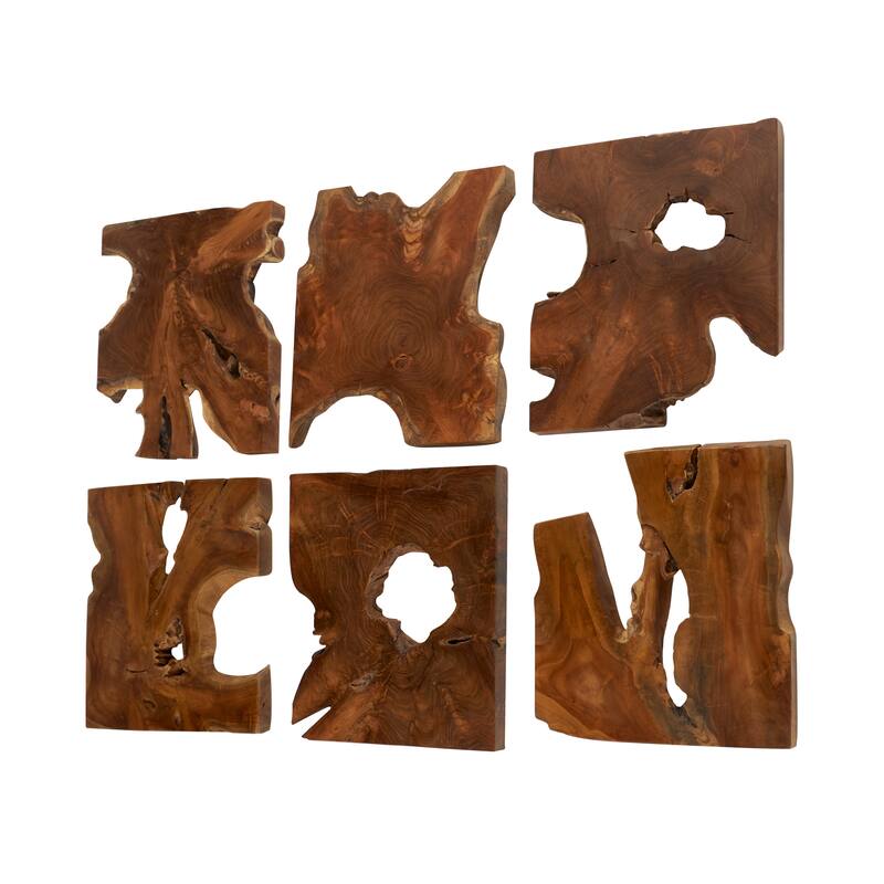 Teak Wood Abstract Handmade Live Edge Wood Slab Wall Decor - Set of 6 Brown - Roche River Decor