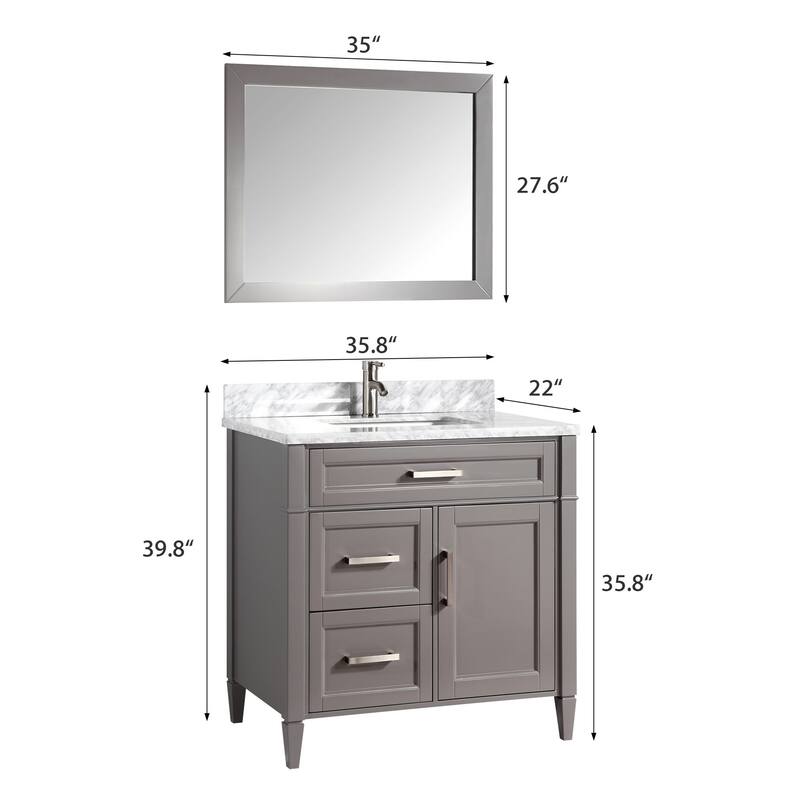 Vanity Art 36-Inch Single Sink Bathroom Vanity Set Carrara Marble Stone Top 3 Drawers 1 Shelf Undermount Sink with Free Mirror