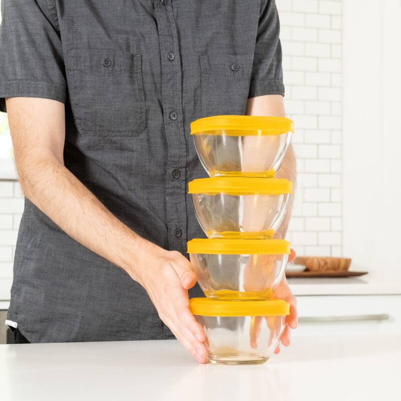 Libbey Serve It 16-Piece 2-Cup Glass Storage Bowl Container Set with Yellow Plastic Lids - Set of 16