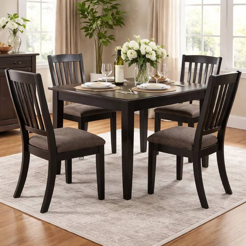 23 Inch Wood Dining Chair, Set of 2, Slatted Back, Cushioned Seat, Gray