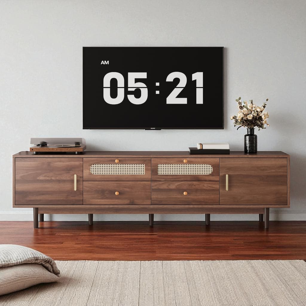 76 Inch Modern TV Stand with Storage, Rattan Doors, Drawers, Solid Wood Legs, Entertainment Center for TVs Up to 85"