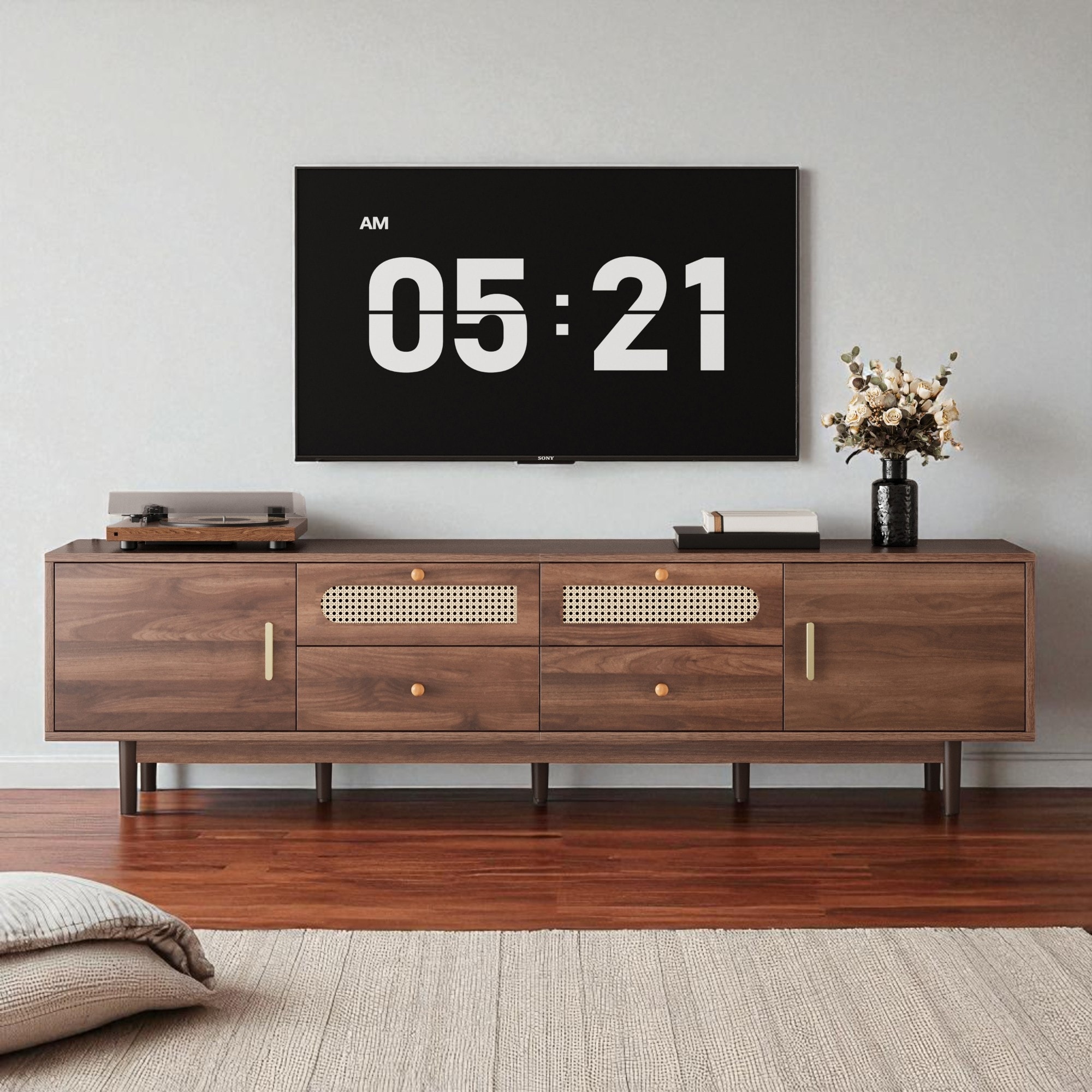 76 Inch Modern TV Stand with Storage, Rattan Doors, Drawers, Solid Wood Legs, Entertainment Center for TVs Up to 85"
