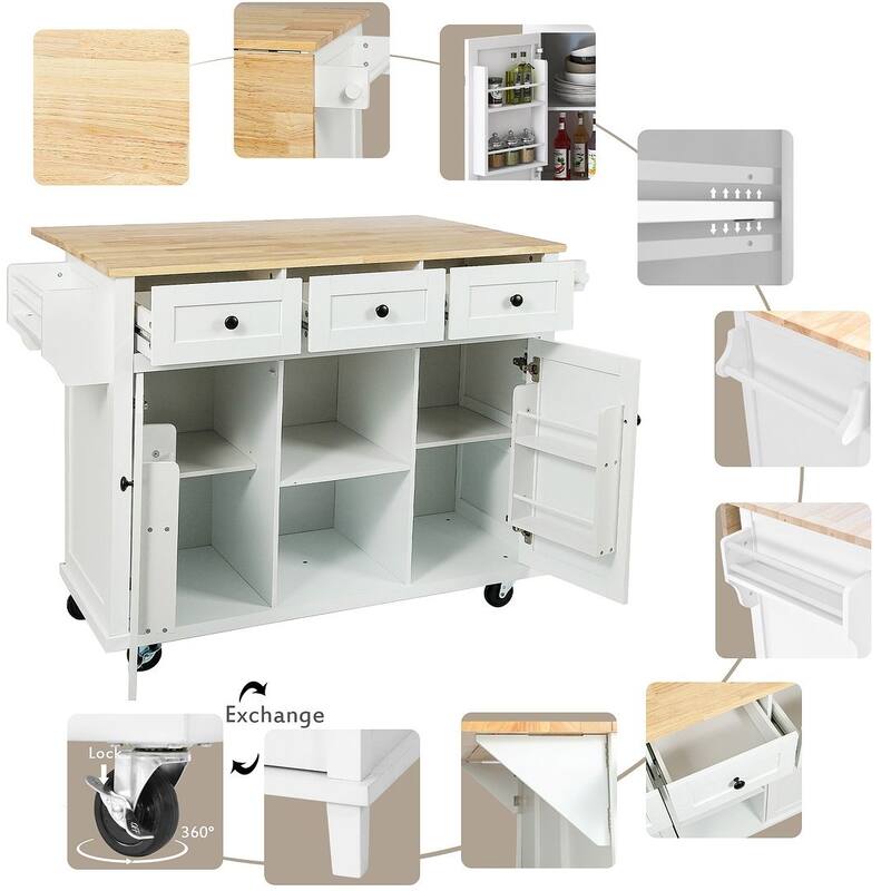 Rubberwood Drop Leaf Countertop Kitchen Cart with Door Inside Storage Rack and 3 Drawers