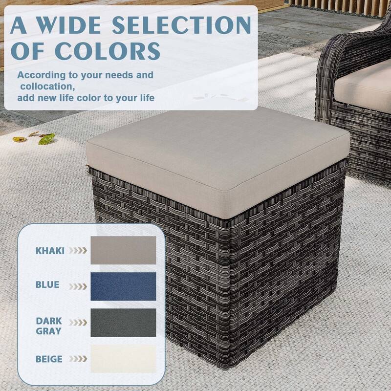 Outdoor Patio PE Wicker Ottoman with Cushion Set of 2