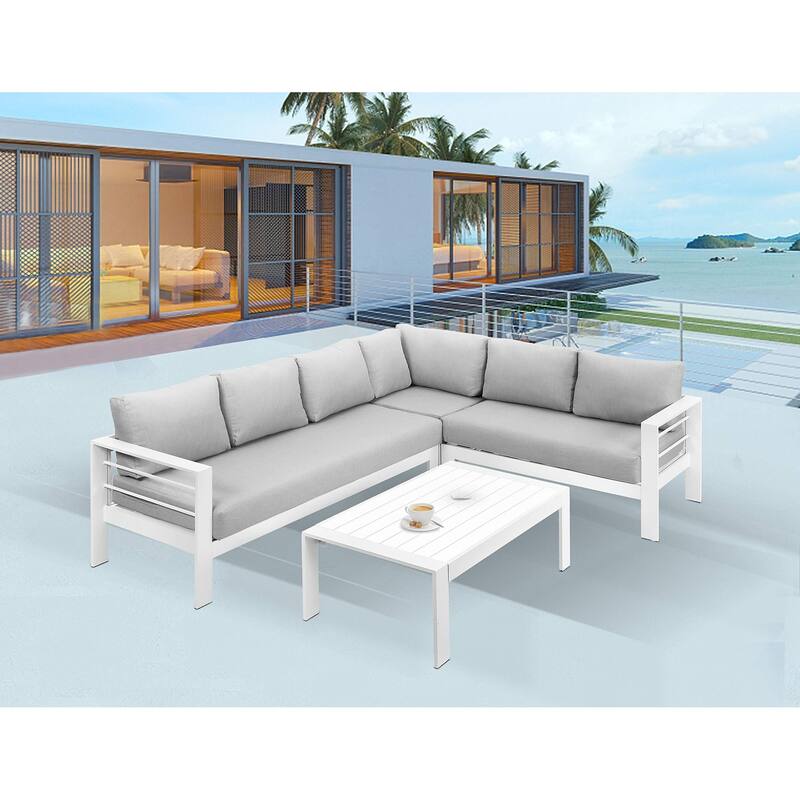 3-Pieces Outdoor All-Weather White Aluminum Sectional Sofa Conversation Set Corner Sofas with Light Grey Cushions