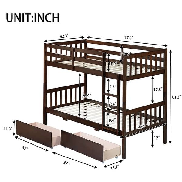 dimension image slide 3 of 6, Rubber Wood Bunk Bed Frame with 2 Drawers,Convertible into 2 Beds