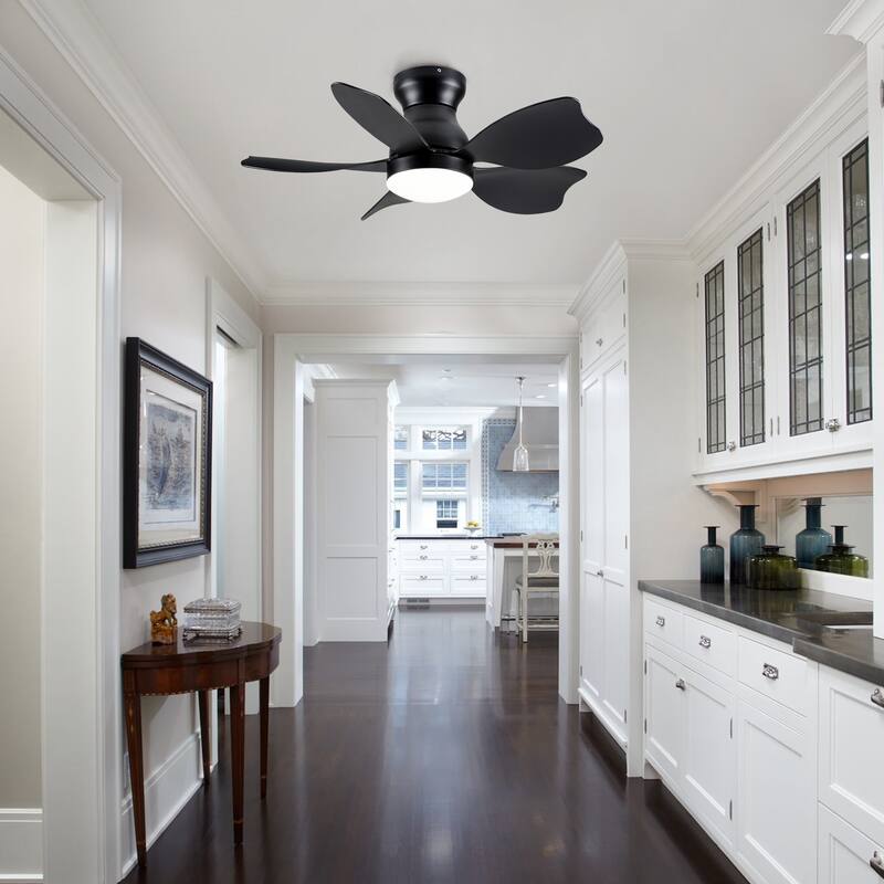 YUHAO 30 Inch Modern Matte White Indoor Flush Mount Small Ceiling Fan With LED Light and Remote Control