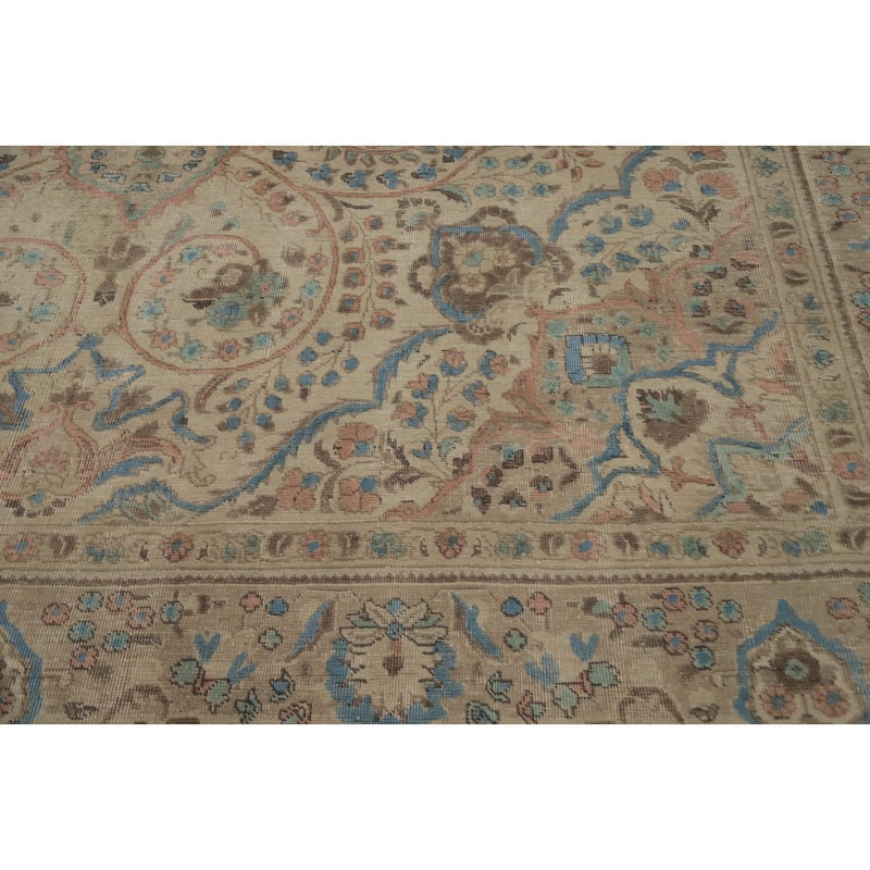 Hand Knotted Oriental 100% Wool Carpet Traditional Floral Beige & Ivories Tabriz Area Rug - 12' 10'' X 10' 2''