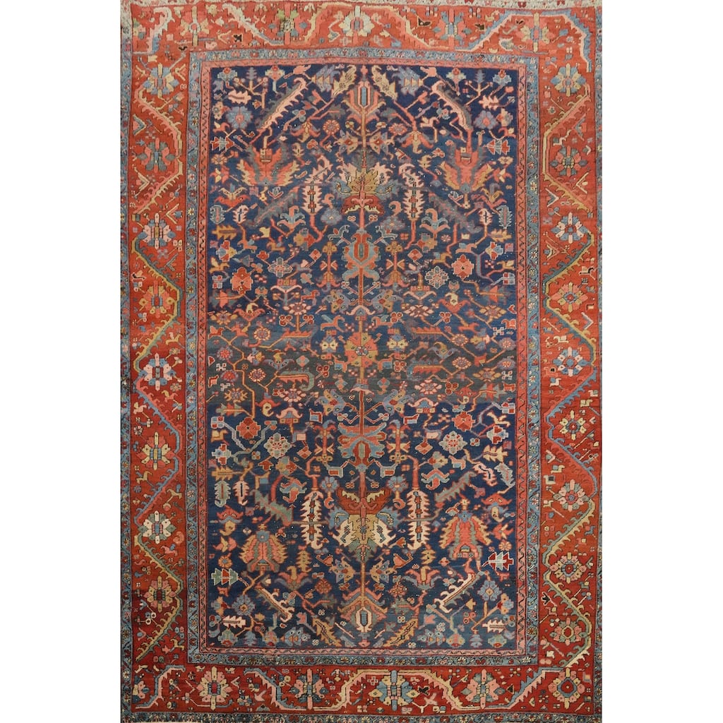 Hand Knotted Oriental 100% Wool Carpet Traditional Floral Navy Blue & Blues Heriz (serapi) Area Rug - 11' 8'' X 9' 4''