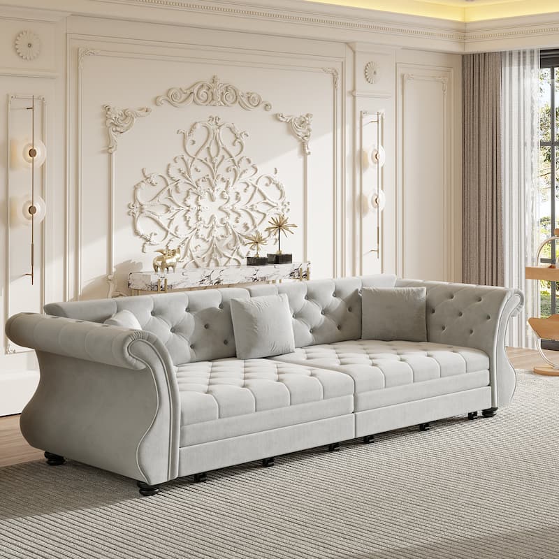 97.6" Oversized Chesterfield Pull-Out Sofa Bed, Velvet Upholstered Sleeper Couch with Roll Arms & Tufting
