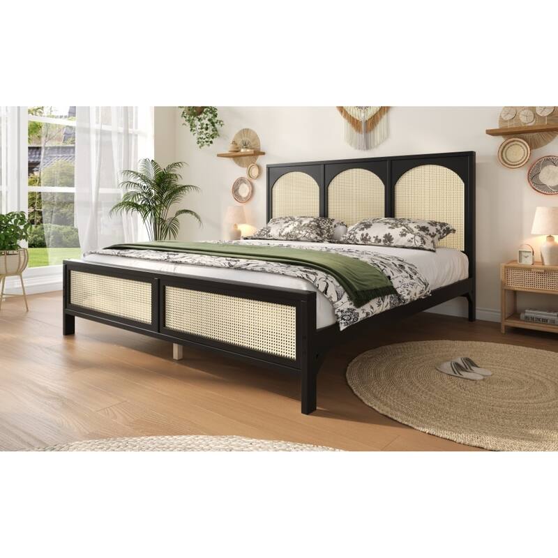 Roomfitters Queen/King Wood Platform Bed with Rattan Headboard and Footboard