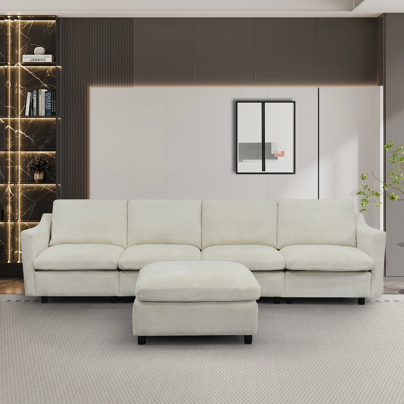 4-Seater Modern Beige Fabric Modular Sofa with Ottoman, Armrest Pockets and 4 Pillows
