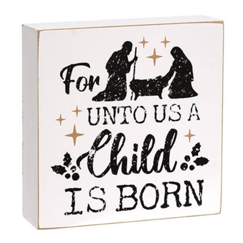 White Black Wooden Nativity Silhouette Box Sign with Gold Accents - 6 x 1.50 x 6 in. - White-Black