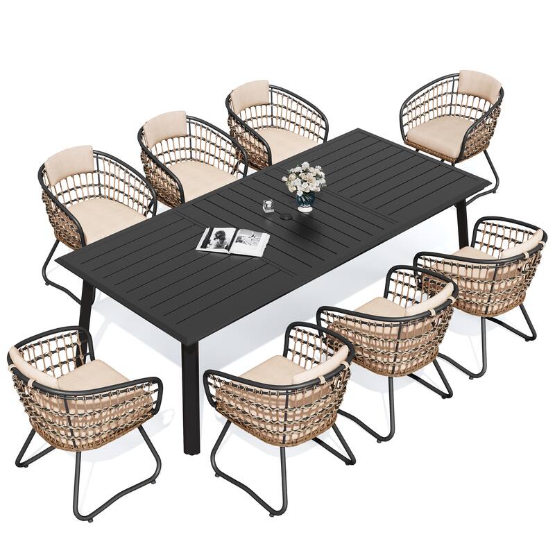 Patio Outdoor Aluminum Dining Table Sets with Umbrella Hole with Rattan Chair
