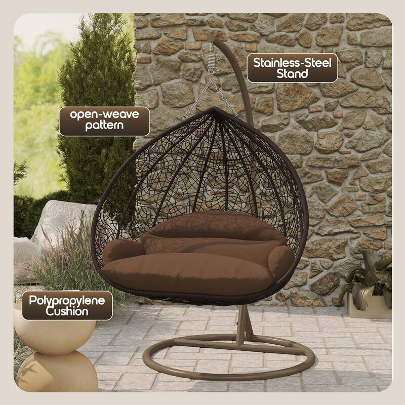 2-Person Egg Swing Chair in Brown Stainless Steel 2-Seater Porch Swing with Stand for Outdoor and Indoor - 77.95" Height