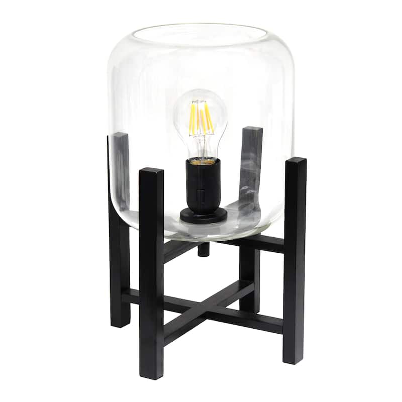 Glass Industrial Table Lamp with Wood Base and Cylinder Shade - 9 x 9 x 13.5 in. (L x W x H) - Black-Clear