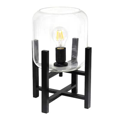 Glass Industrial Table Lamp with Wood Base and Cylinder Shade - 9 x 9 x 13.5 in. (L x W x H)