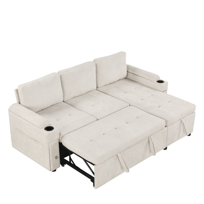 L-Shaped Convertible Sofa Bed with Reversible Chaise Lounge, Chenille Fabric Sectional Sofa with 2 Cup Holders & 2 USB Ports