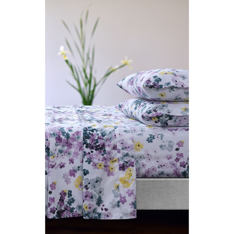 Azores Home Floral Printed Deep Pocket Sheet Set with Oversized Flat - King - Juliette Purple