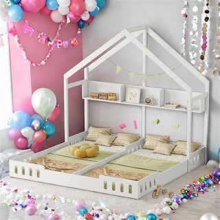 Twin House Platform Beds with Shelves, Creamy White