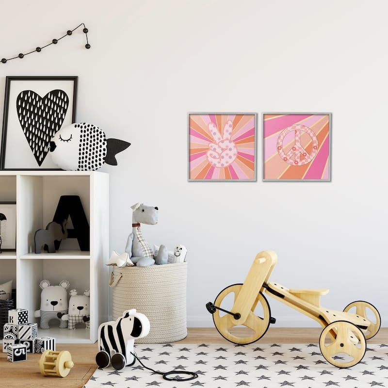 Stupell Groovy Peace Symbols on Stripes Framed Giclee Art Design By Jesse Keith (Set of 2)
