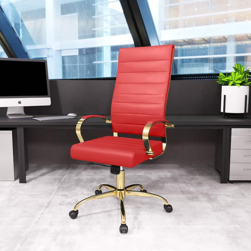 LeisureMod Benmar High-Back Leather Office Chair With Gold Frame - Red - 24.5"Dx22.5"Wx46"H - Red
