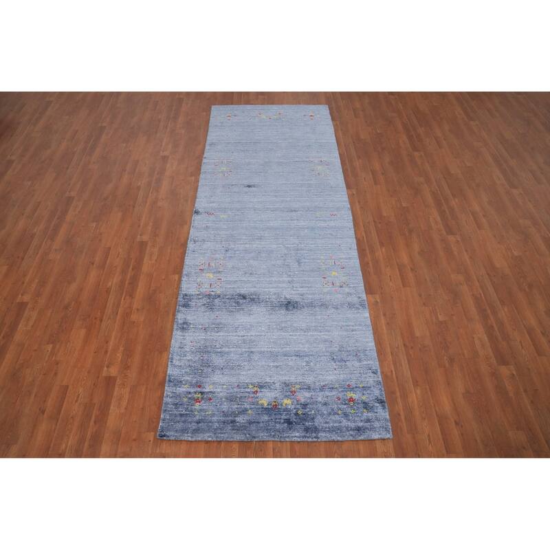 Hand Knotted Oriental Viscose Silk Carpet Tribal Animal Pictorial Navy Blue & Blues Gabbeh Runner Rug - 10' 4'' X 3' 9''