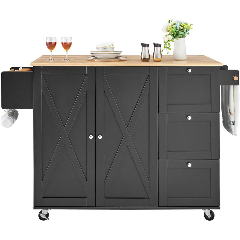 Black Wooden Kitchen Rolling Island Storage Cart with 2 Cabinet Doors and 2 Adjustable Shelves - 56x27x39 inch