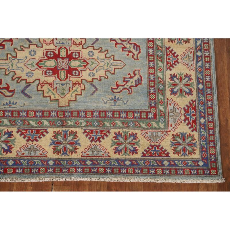 Light Blue Geometric Kazak Area Rug Handmade Wool Carpet - 4'11" x 6'10"