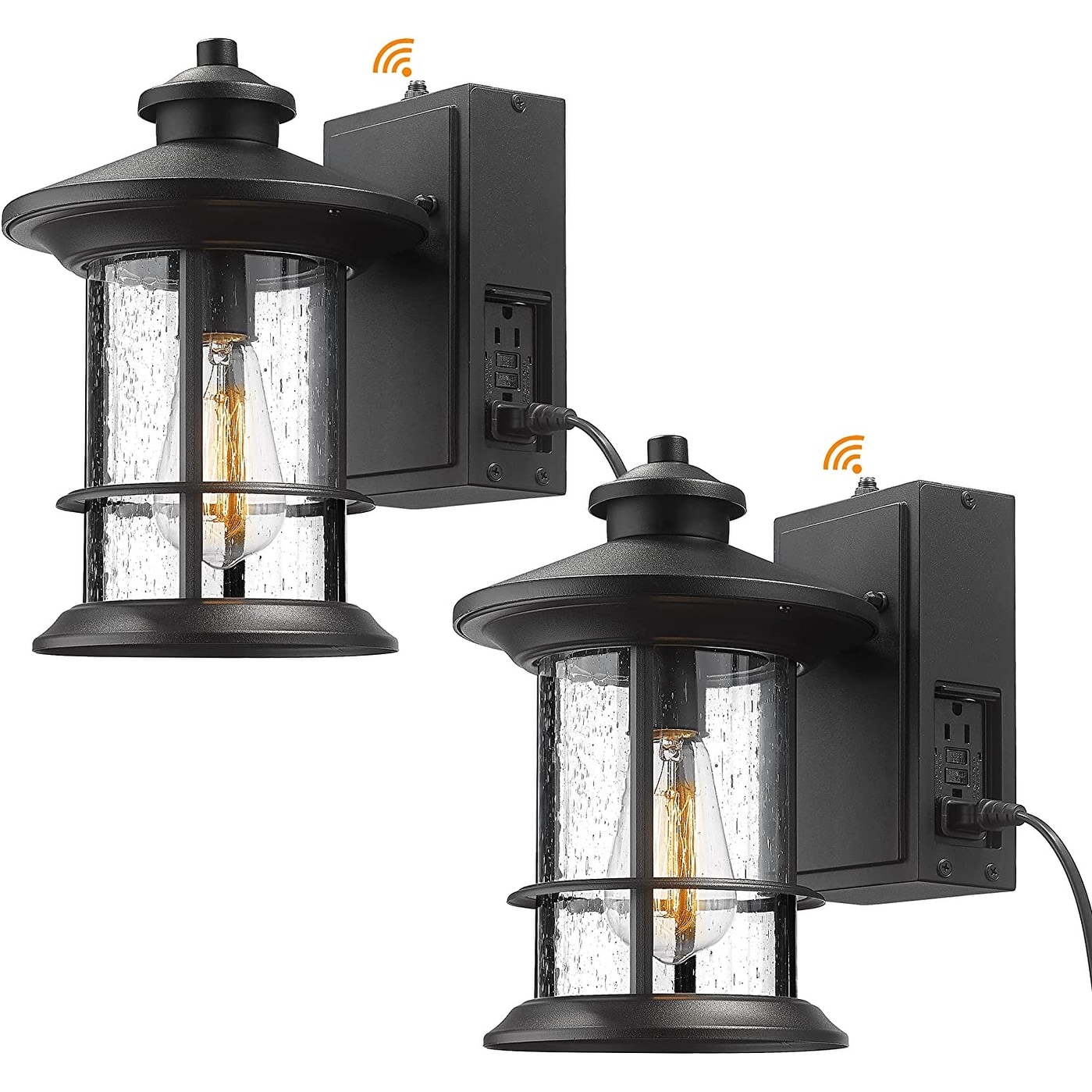 Porch Light with Built-in GFCI Outlet, Dusk to Dawn Outdoor Lighting Photocell Sensor, Aluminum with Seeded Glass, Black Finish