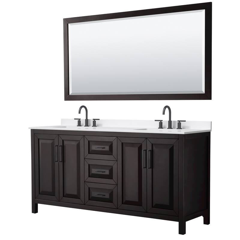 Daria 72-inch Double Vanity, 3 Hole Quartz Top, 70-inch Mirror - Dark Espresso, Black Trim, White Quartz Top