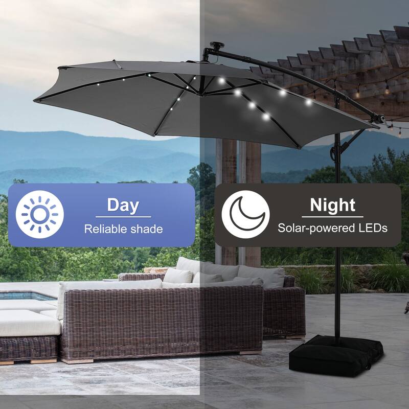 Autlaycil 10ft Offset Hanging Market Patio Umbrella With Base&Solar Lights