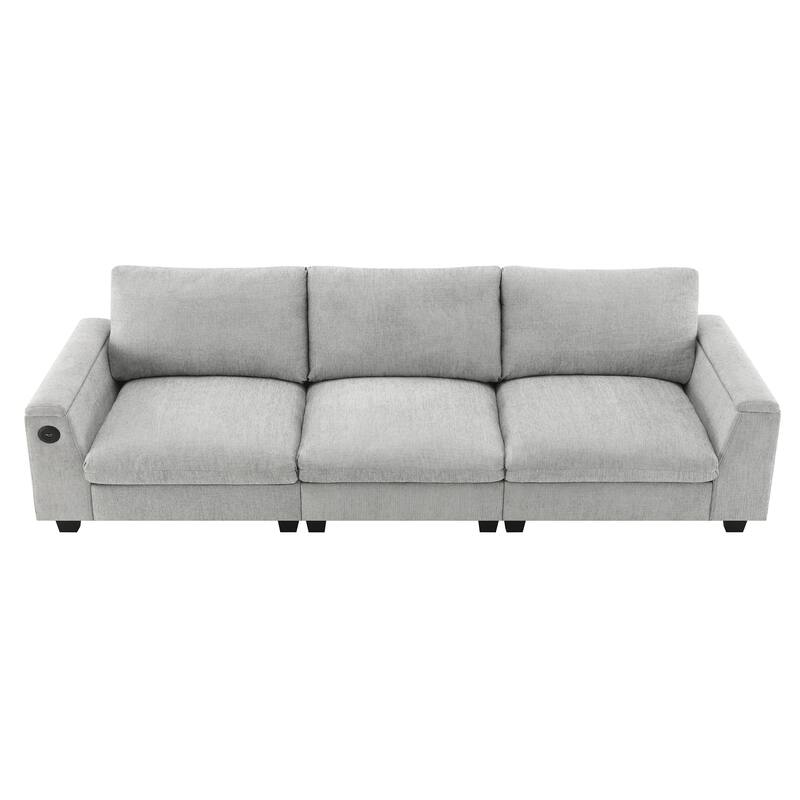 Chenille Cloud Sofa with Cup Holders, USB Port & Bluetooth Speaker, Convertible Loveseat with Drop Down Table & Storage Armrest