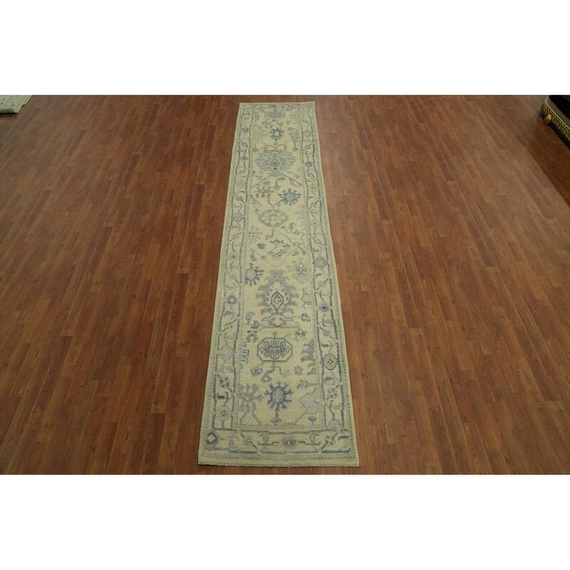 Vegetable Dye Floral Oushak Turkish Runner Rug, Floral Geometric Carpet - 12' 4'' X 2' 8''