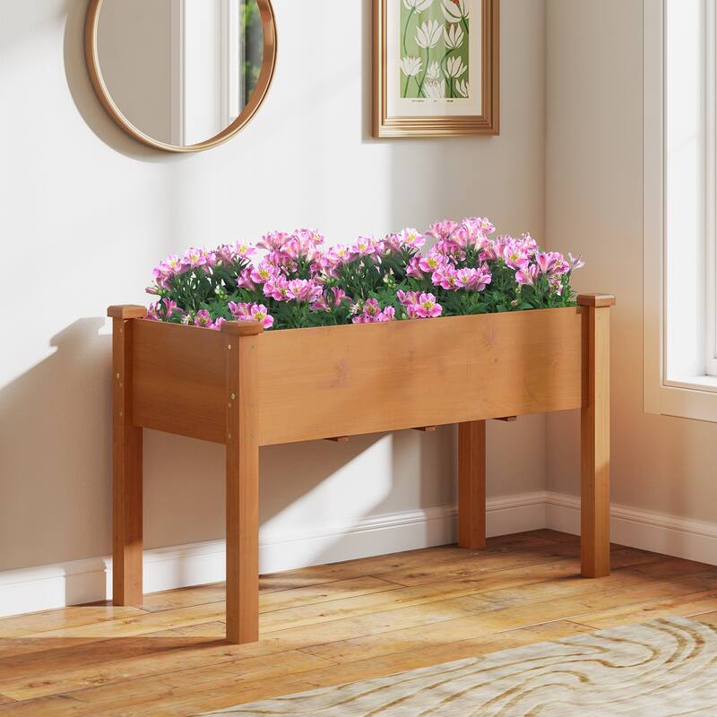 Gymax Raised Garden Bed Elevated Fir Wood Planter Box w/ Drain Hole