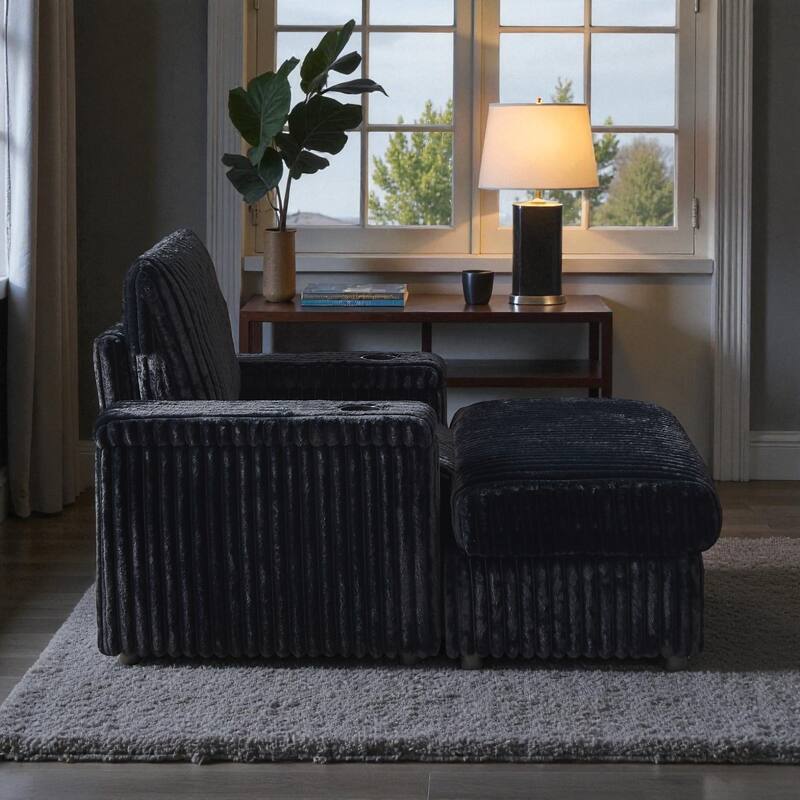 42.5" Corduroy Single Recliner Chair with Cup Holder, Storage Footrest, Armrest Storage and Backrest Pillow