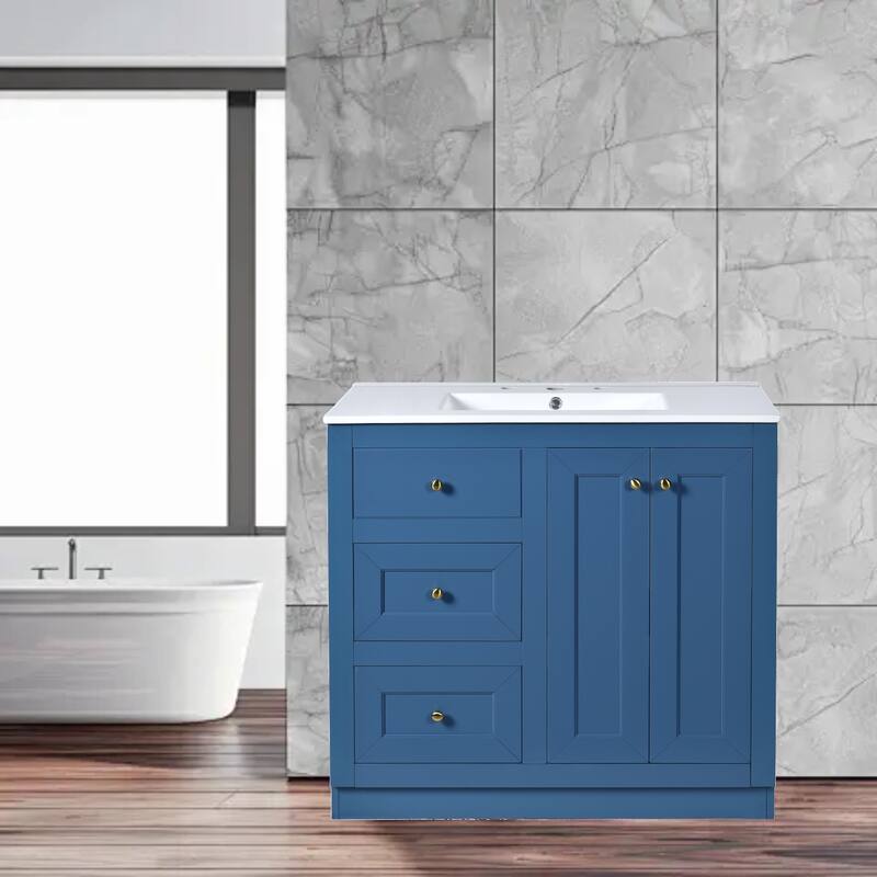 Modern 36" Bathroom Vanity with Ceramic Sink, 2 Drawers & Storage Cabinet, Freestanding Design - Blue