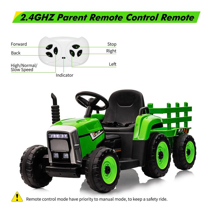 12V 35W Ride on Tractor with Trailer & Remote Control - Green