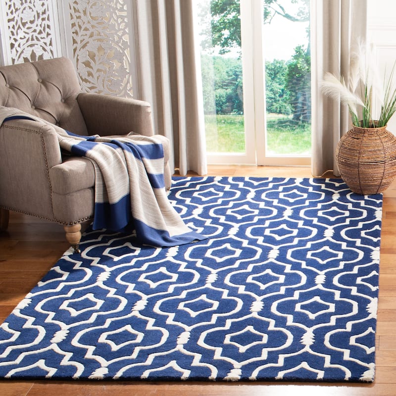 SAFAVIEH Handmade Chatham Cvetka Modern Moroccan Wool Rug - 3' x 5' - Dark Blue/Ivory