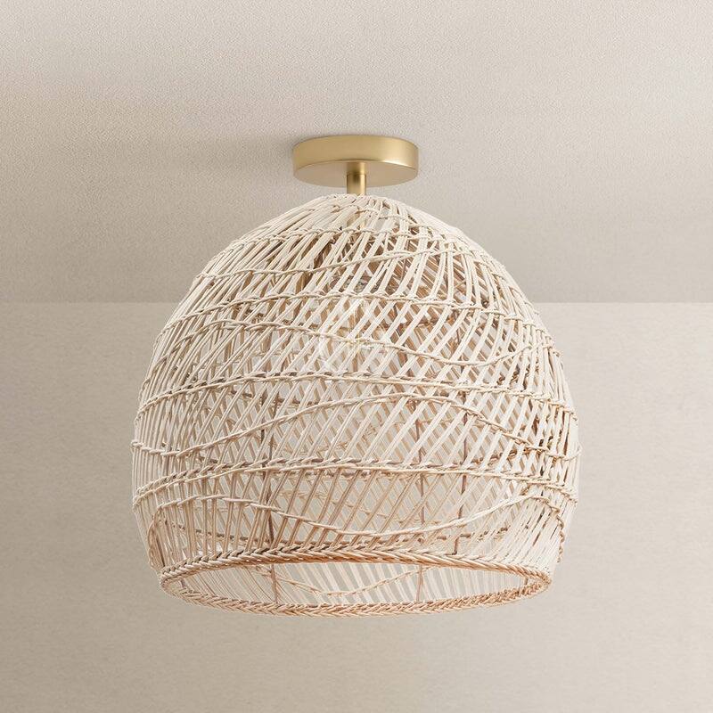 Santana Rattan Flush Mount - Rattan Brown 1-Light Handwoven Ceiling Light for Bedroom or Hallway in Modern, Mid-Century Style