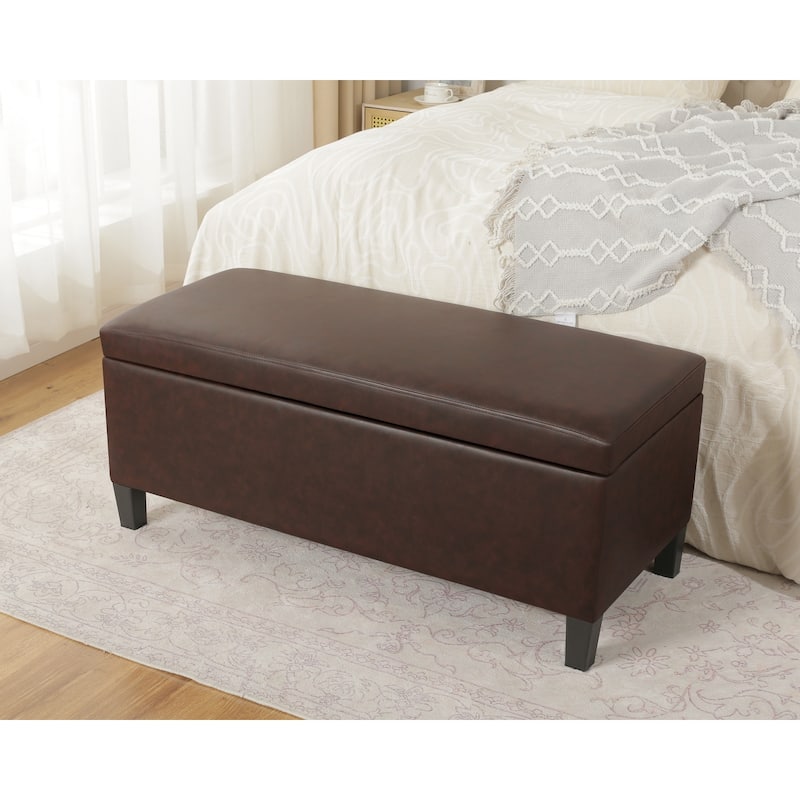 Adeco Velvet Storage Ottoman Bench Rectangular Footstool Lift Top - Dark Coffee Brown-Faux Leather