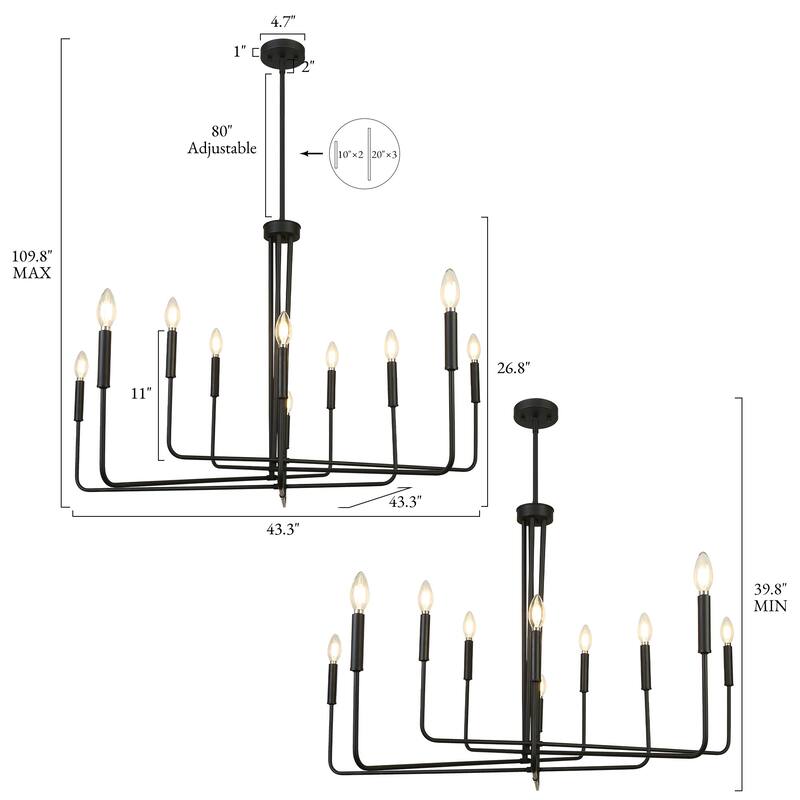 Modern Farmhouse Black 10-Light Chandelier Metal Wheel Candle Ceiling Light - D 43.3" x H 26.8"