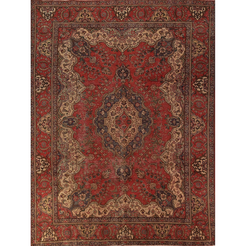Vintage Floral Tabriz Persian Area Rug Handmade Red Wool Carpet - 8'1" x 10'11"