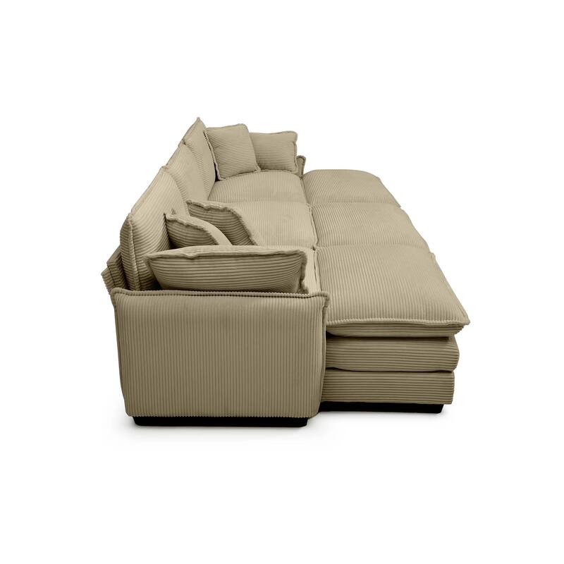 Tan 6-piece Corduroy Upholstered Modular Sleeper Sectional Sofa with 3 Removable Ottoman and 5 Pillows, Free Combination