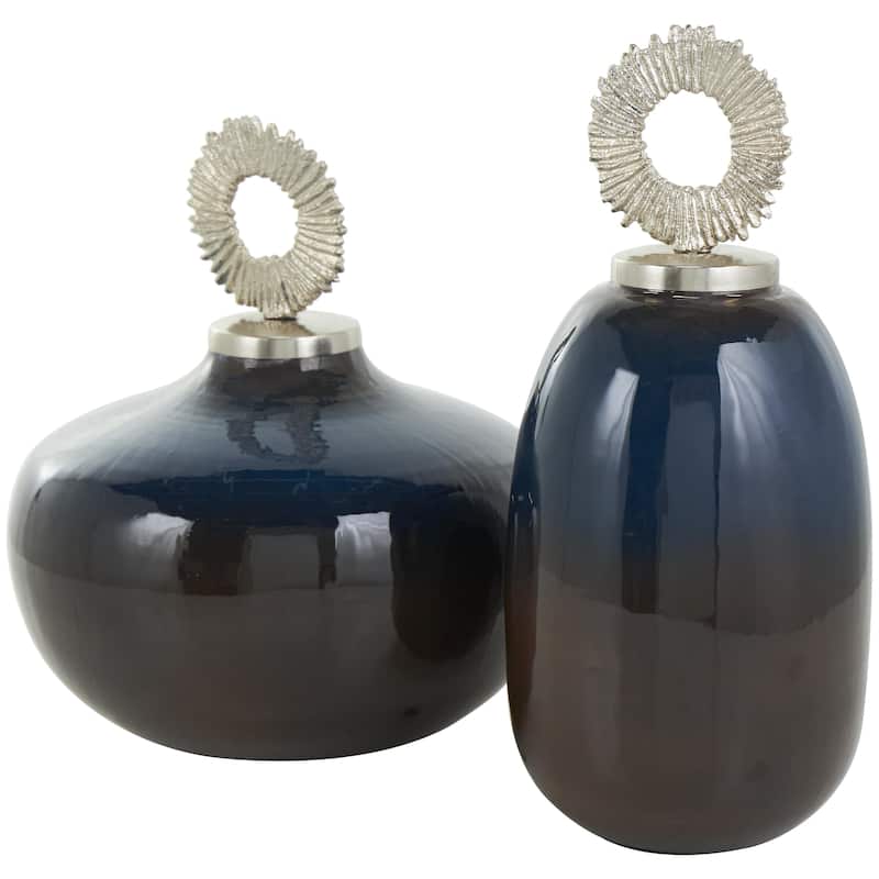 Metal Living Room Decorative Jars with Silver or Gold Ring Handles - Set of 2 Blue or White - Roche River Decor