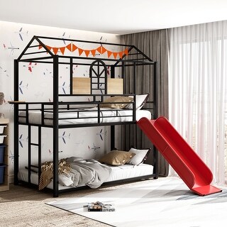 Twin Over Twin House Metal Bunk Bed With Slide, Red Slide